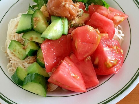 緑茶入りのタレで頂く夏野菜とえごまのサラダそうめん